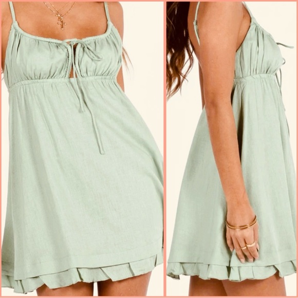 Princess Polly New Empress of Love Sage Mini Dress Size 10 Rayon/Linen Blend - Picture 2 of 11